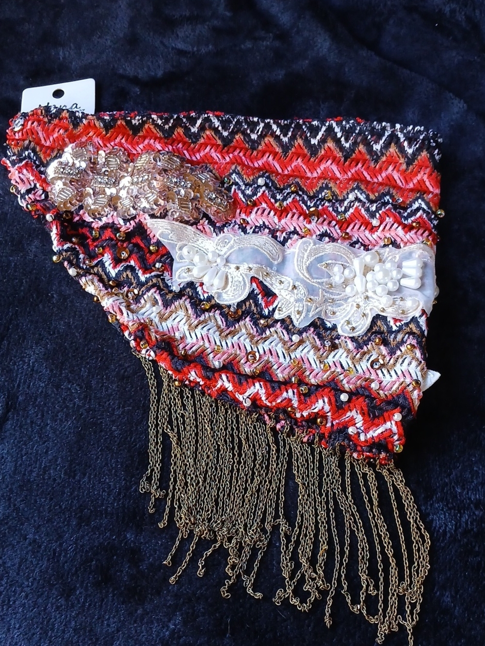 Embellished Red Multi-Color Fringe Scarf Wrap